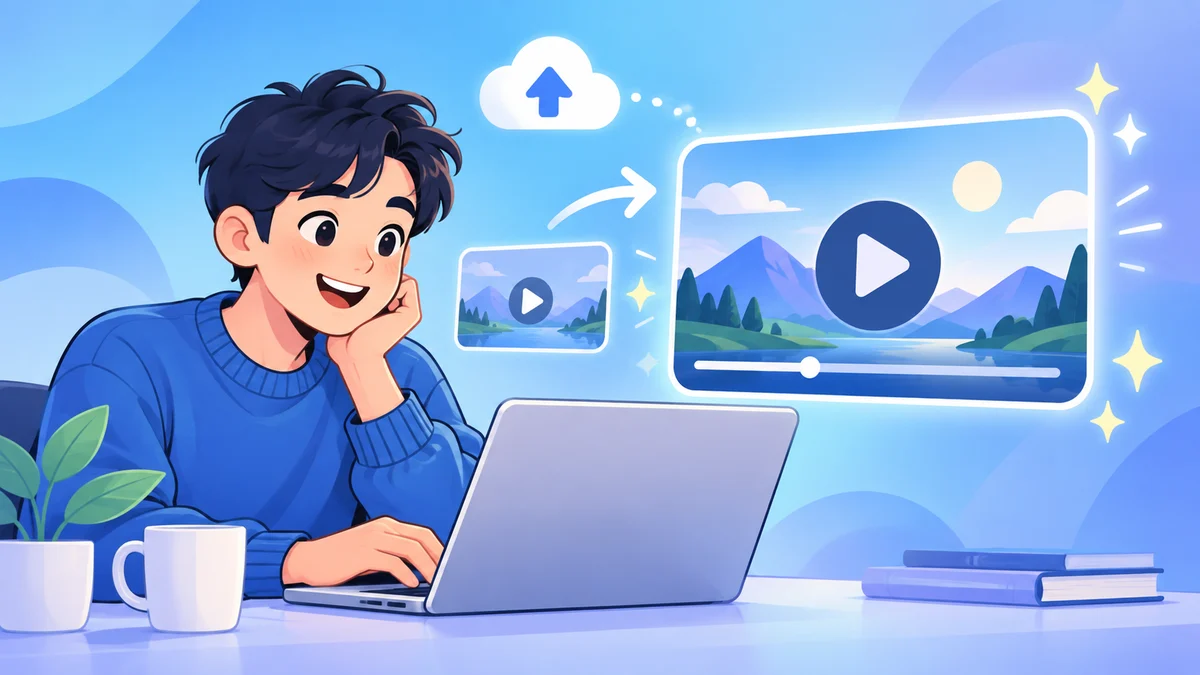 Illustration of a creator preparing a video on a laptop with a larger video preview.